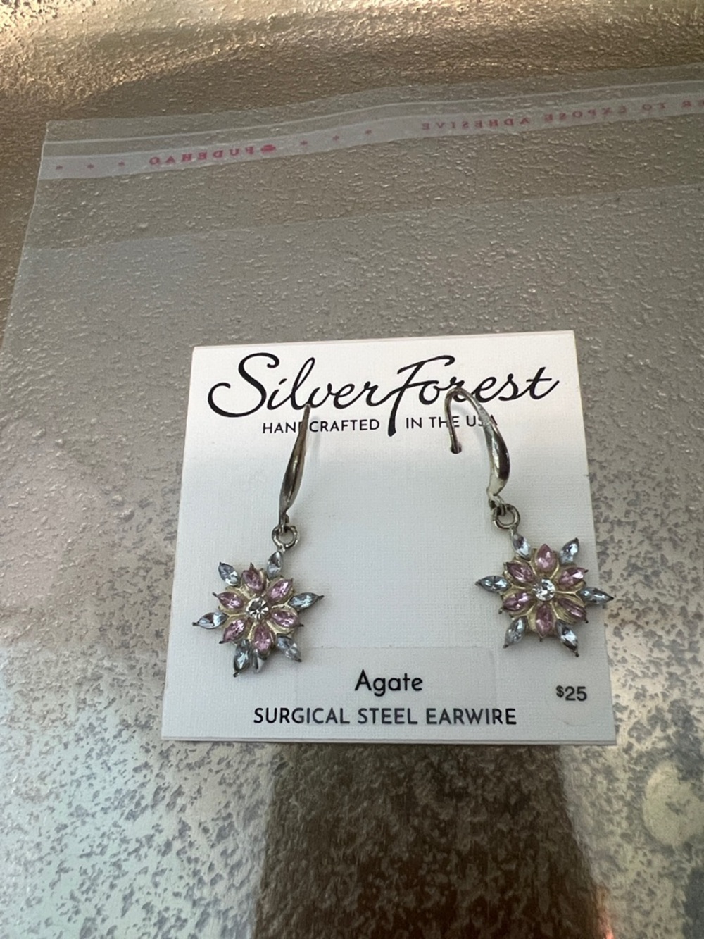 #1804** Silver Forest Agate Pink and Clear Floral Drop Earrings